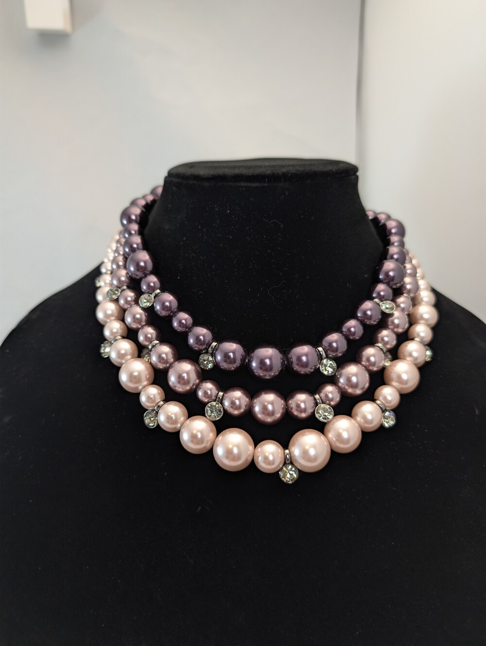 Givenchy Signed Multi Strand Faux Pearl Crystal Necklace Purple Pink Statement